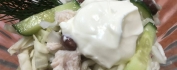 Салат "Фасолька" с  колбасой вареной, пекинкой, помидором, огурцом, фасолью, зеленью